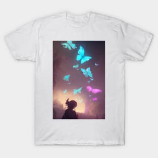 Cute Anime Girl Butterflies Lights Forest Landscape T-Shirt